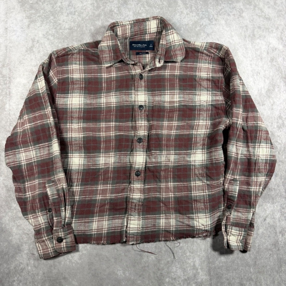 Abercrombie & Fitch Soft AF Cropped Plaid Flannel Shirt Red Small Raw Hem Autumn